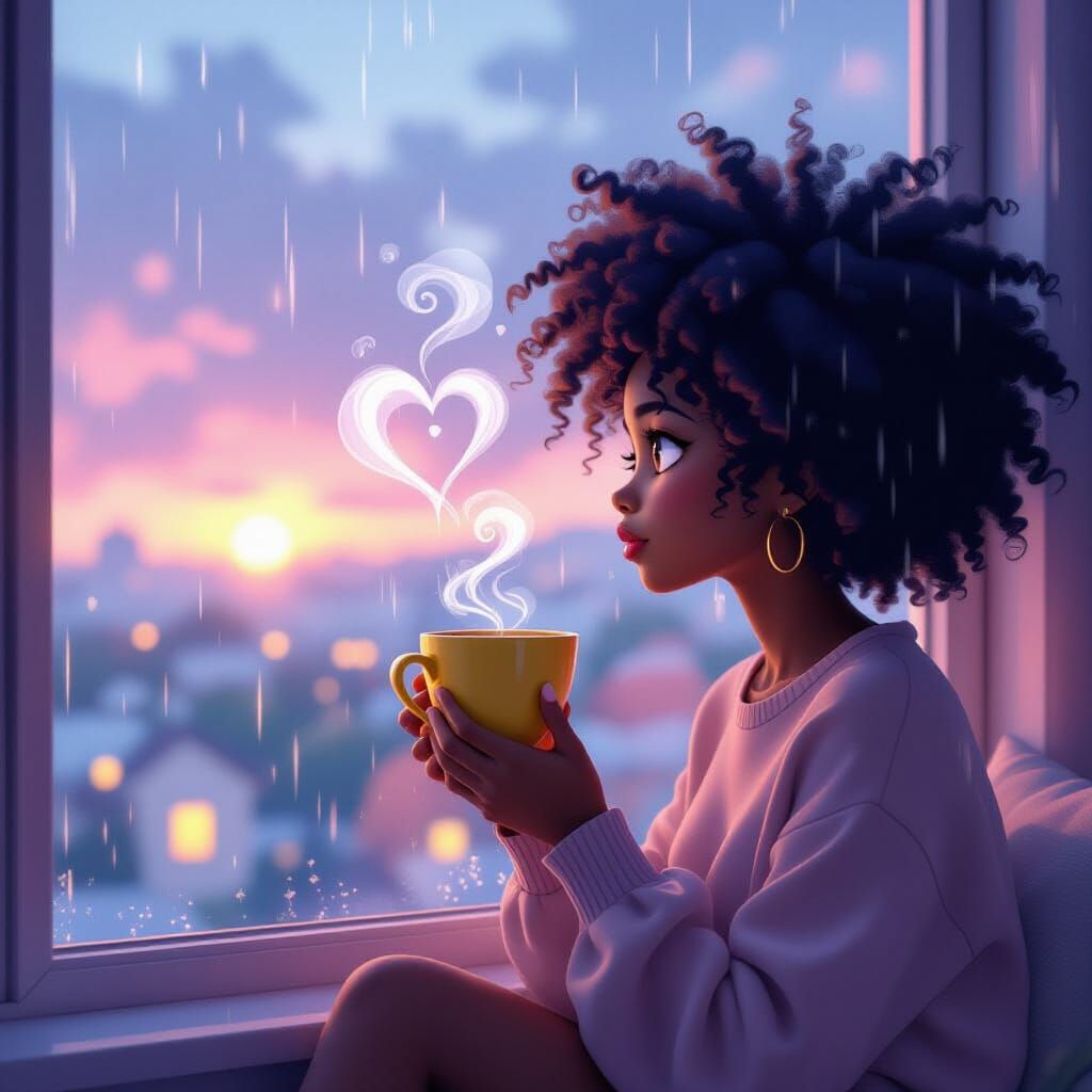 Girl with Afro Holds Heart Steam Cup by Window