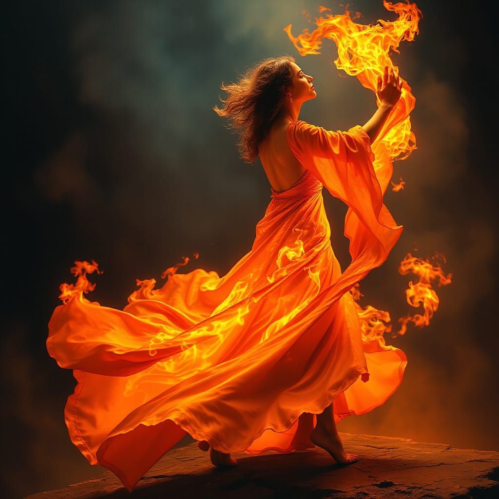 Fiery Woman in Flowing Flame Gown, Painterly Style