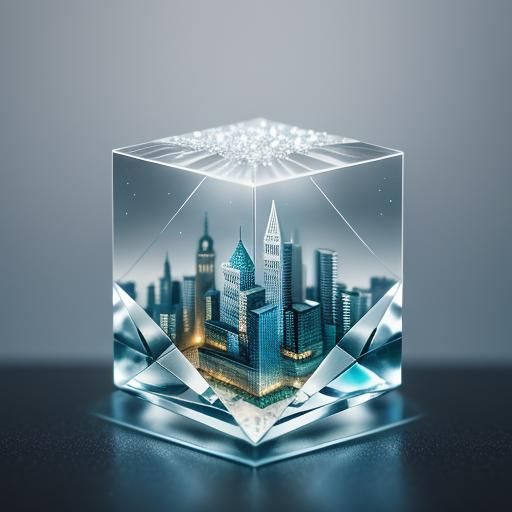 Crystal City in Glass Cube: Hyperrealistic Macro Photography