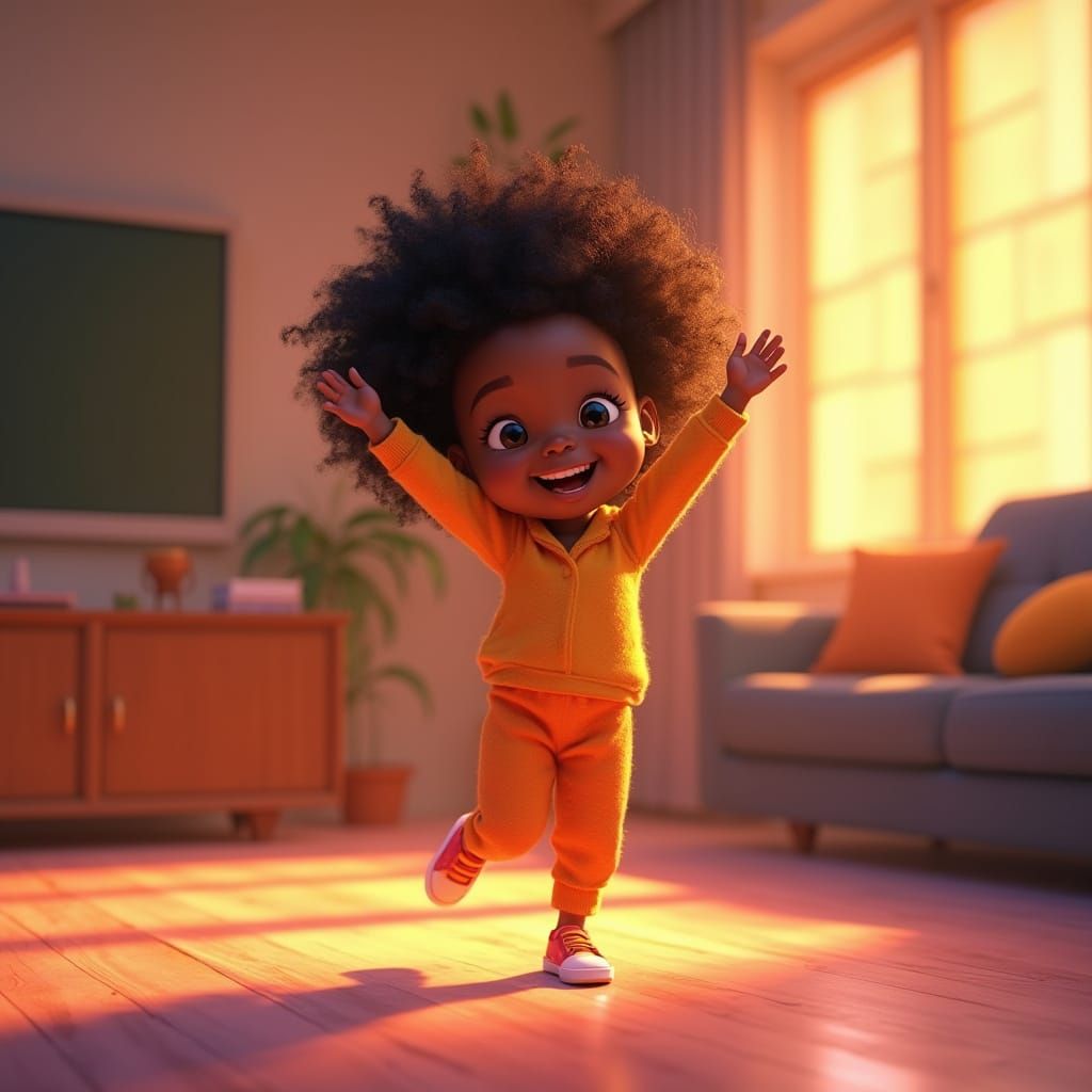 Young African-American Girl Dances in Vibrant Living Room Sc...