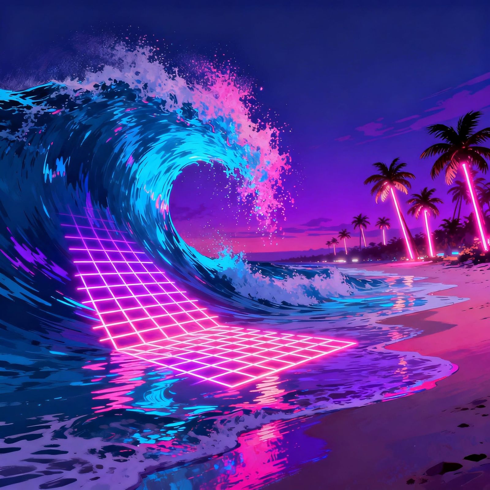 Colossal Synthwave Wave Crashes on Beach