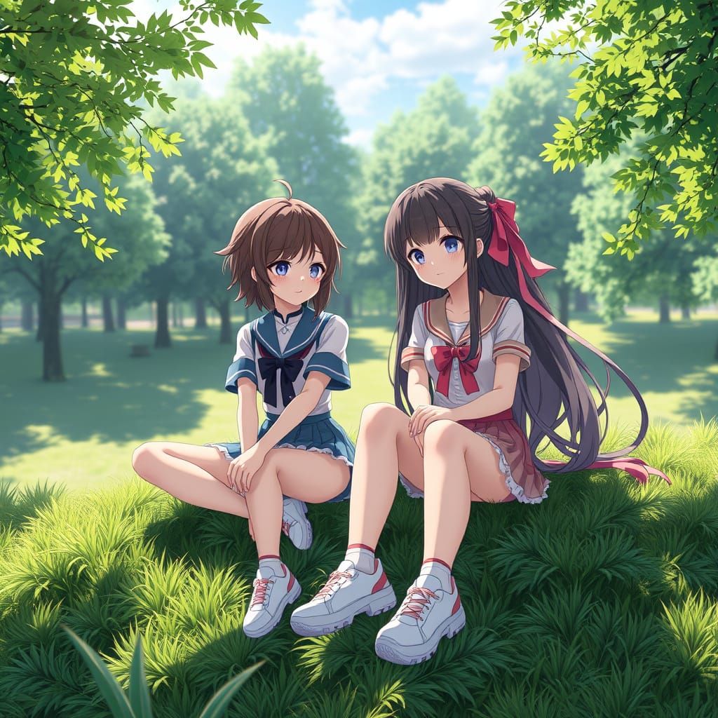 Izana and Hikari Relax in a Serene Anime Landscape