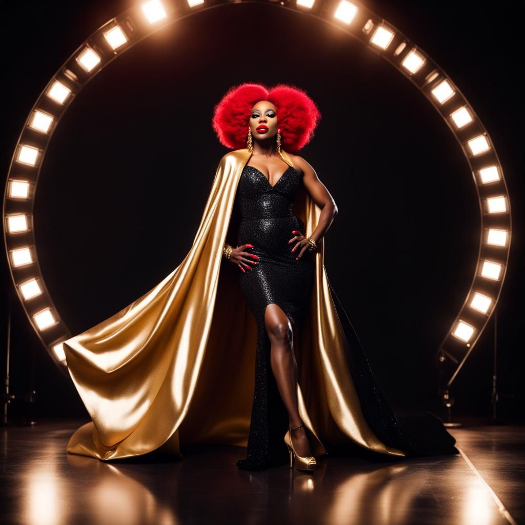 Glamorous Drag Queen on Golden Runway in Studio Lights