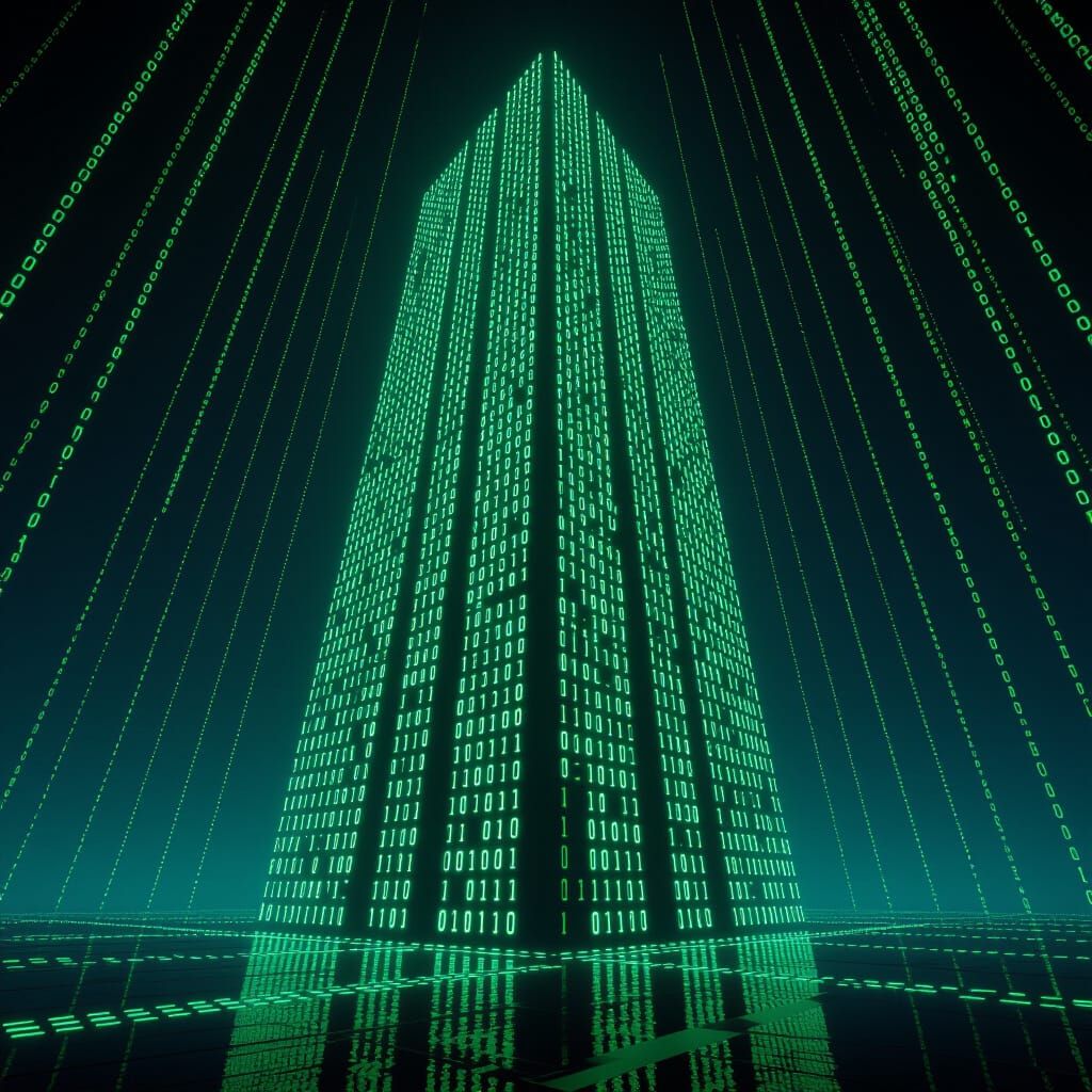 Binary Code Skyscraper in Digital Void