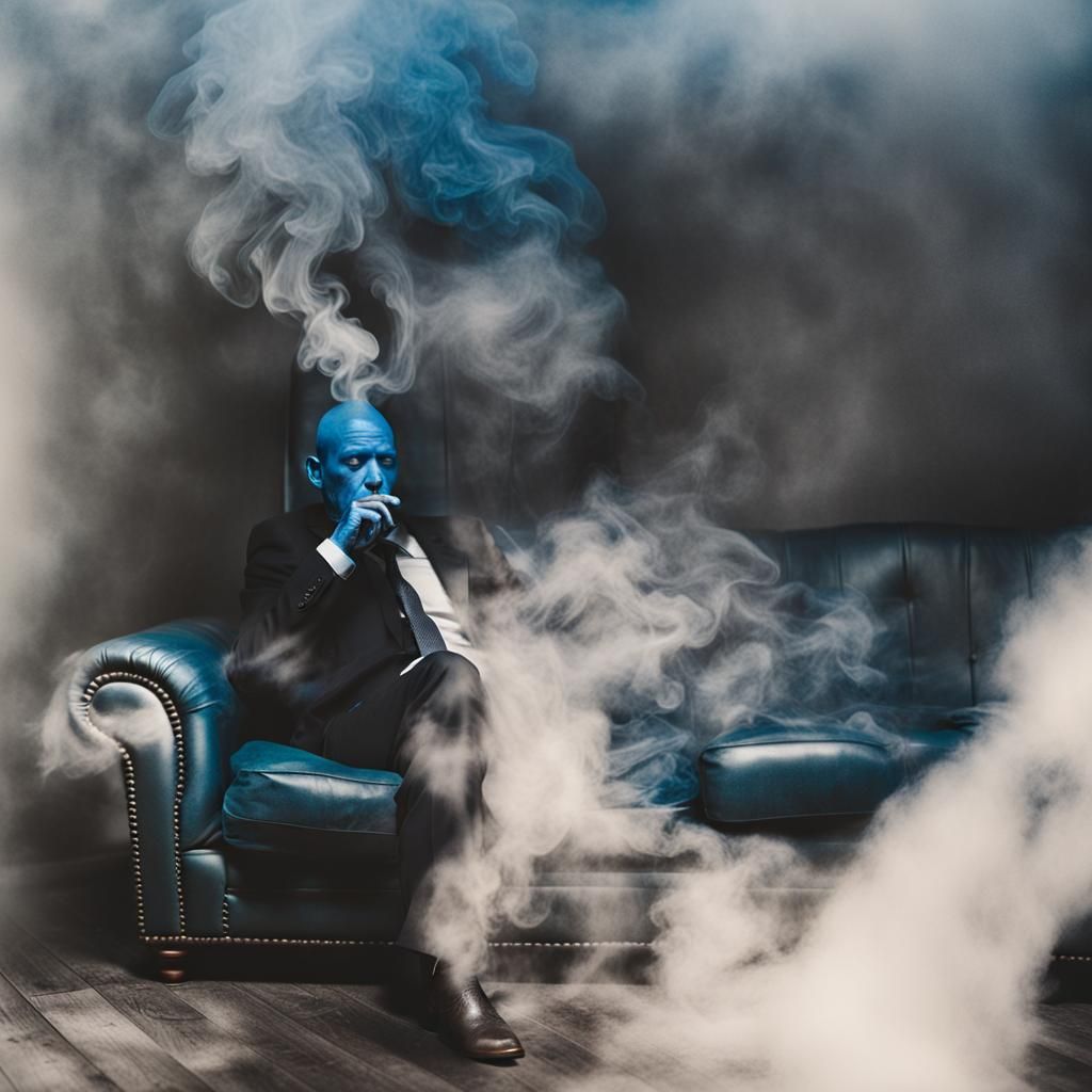 Blue Man Smoking: Negative Photo Portrait