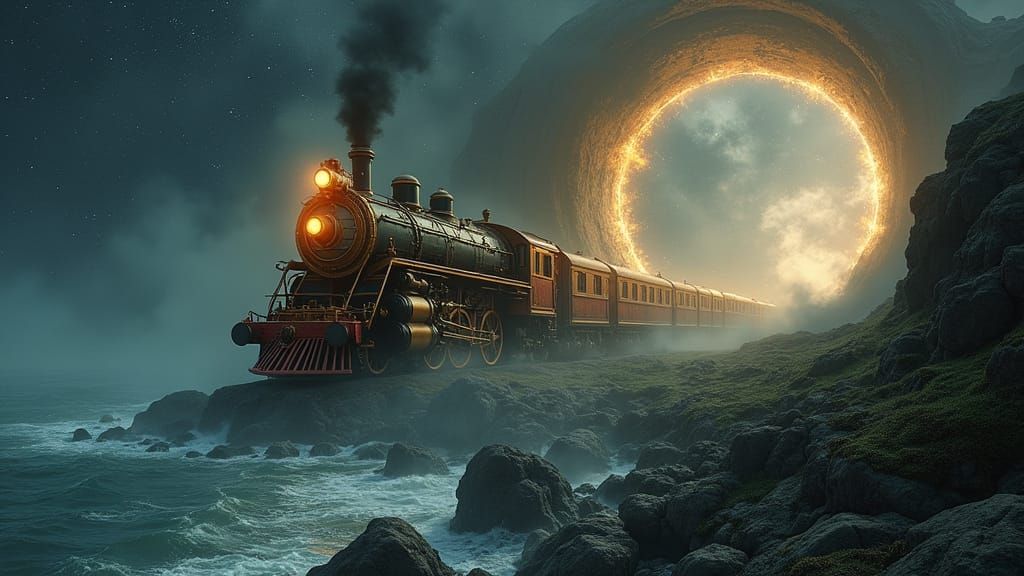Ethereal Steampunk Train Soars Above Rocky Coastline in Cosm...