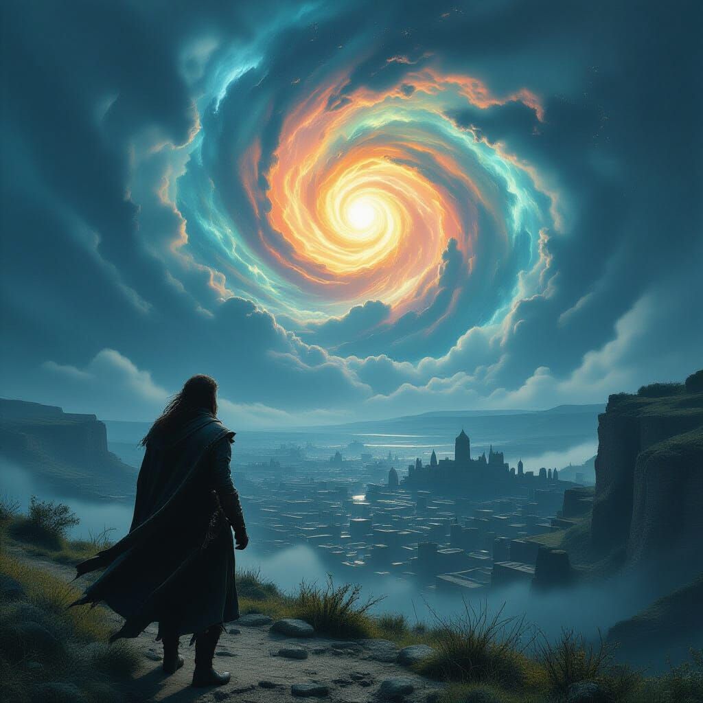 Traveler Gazing at Ancient Ruins in Noir Style