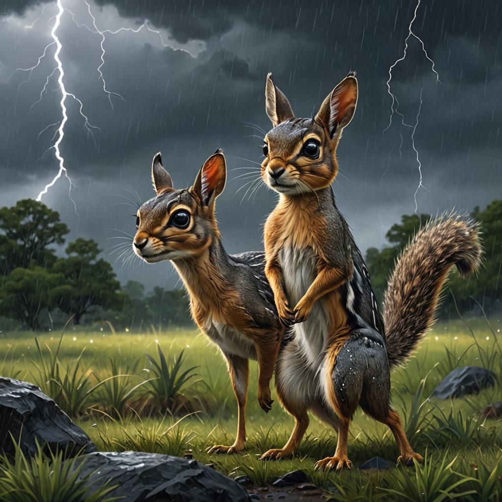 Dik-dik and Squirrel on a Rainy Plateau