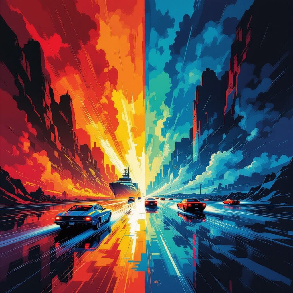 Cinematic Disaster Scene in Retro-Futuristic Style