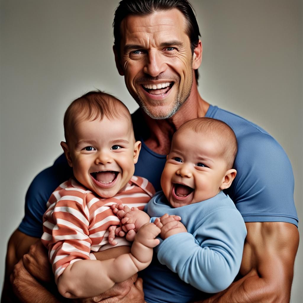 Two Muscular Men Laughing with Babies: Professional Portrait