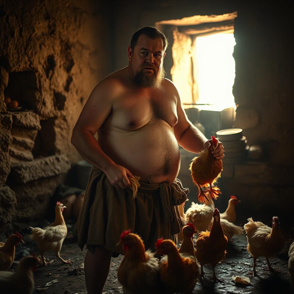 Medieval Cook Prepares Chickens in Grimy Kitchen