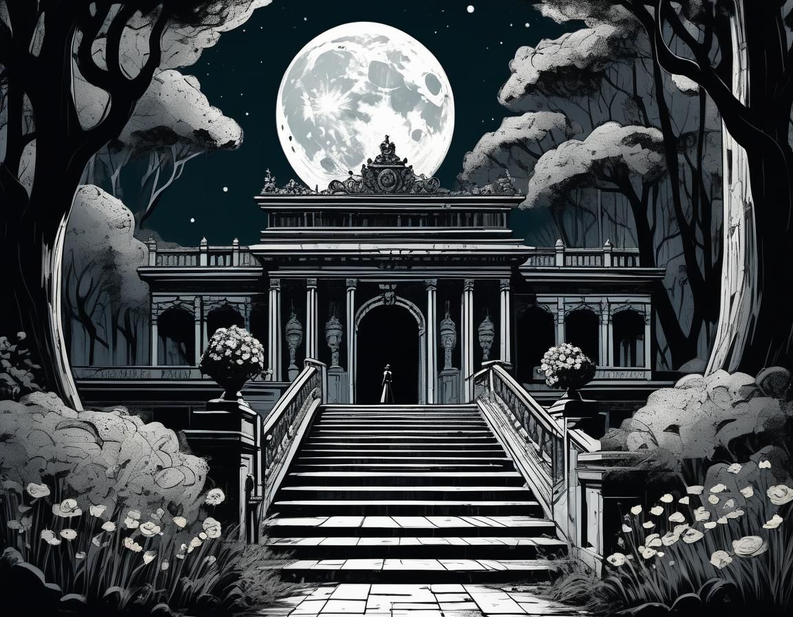 Comic Noir Expressionism, wood entrance, palace, woman, fore...