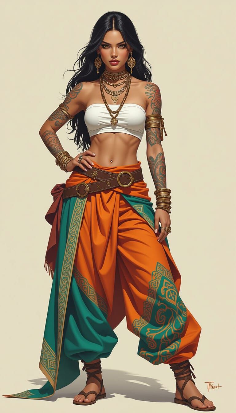 Confident Fantasy Character in Vibrant Tribal Outfit