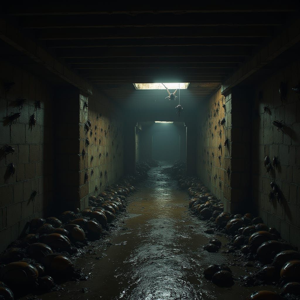 Eerie Post-Apocalyptic Basement in Hyper-Realistic Style