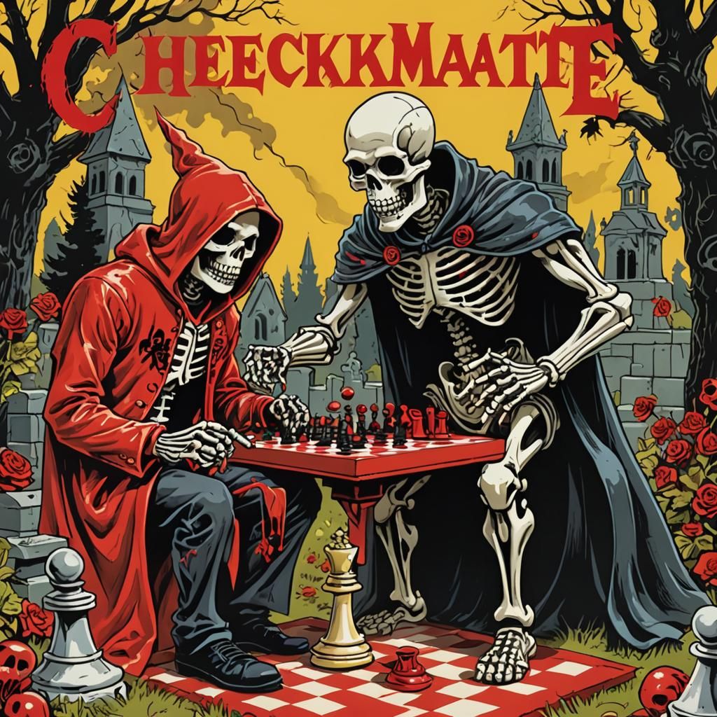 Checkmate: Skeletons Play Chess in Cemetery Garden