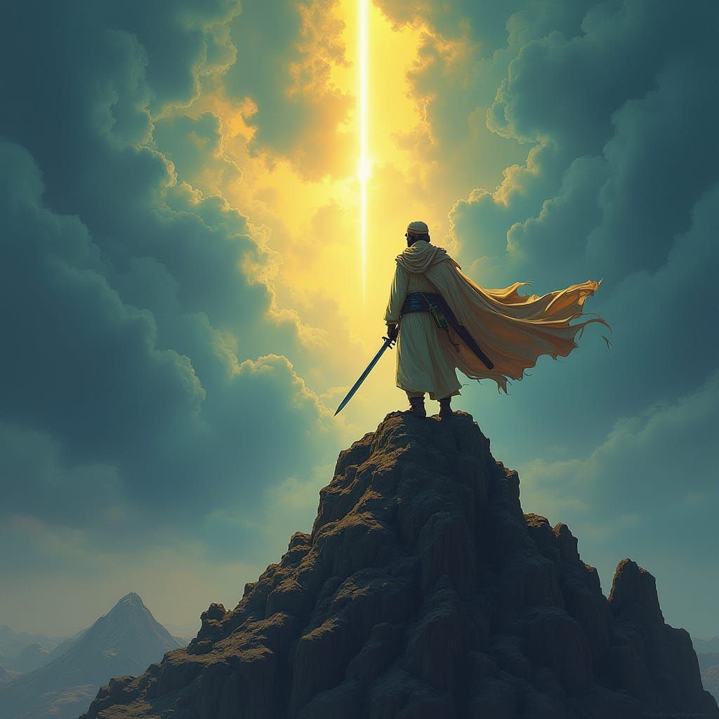 Mujahid on a Majestic Mountain Peak, Standing for the Law of...