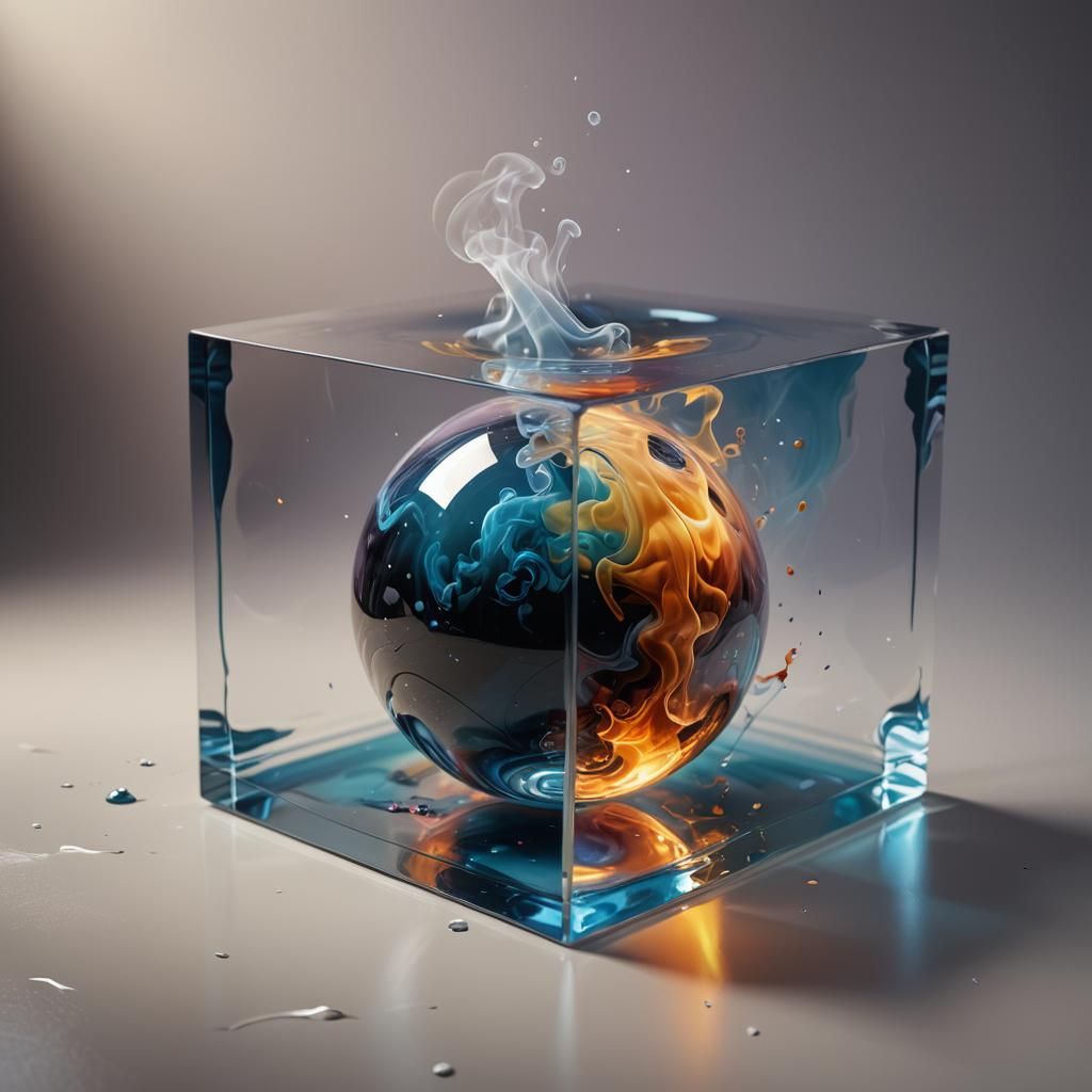 Glass Cube with Floating Smoke Sphere
