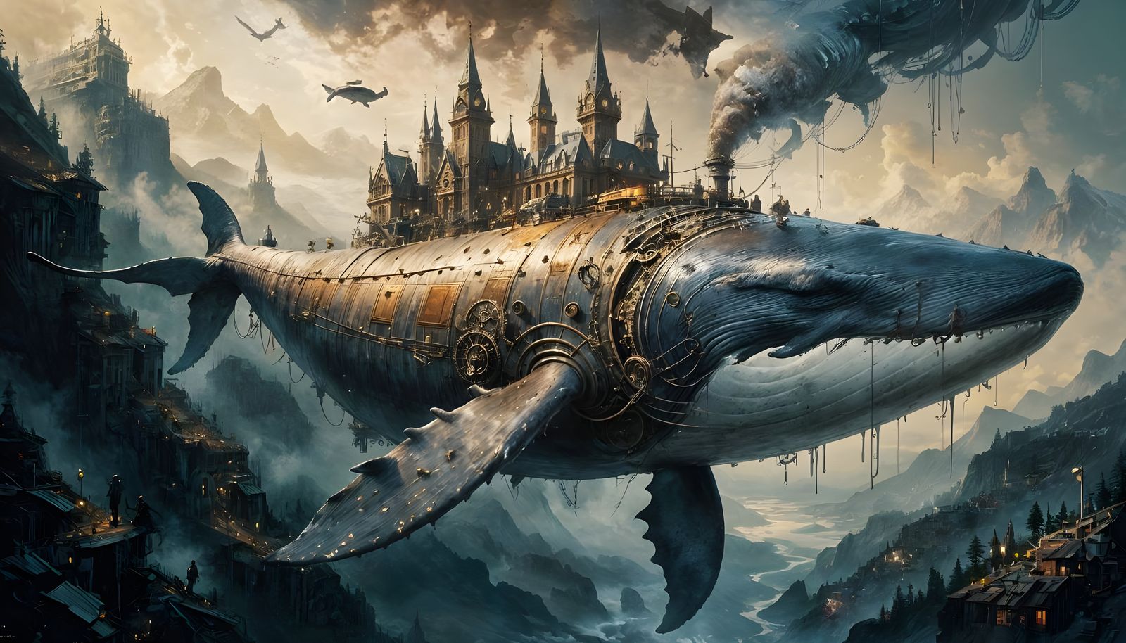 Surreal Steampunk Whale Soars Through Majestic Mountain Pass