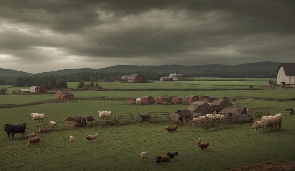 Hyperrealistic Farm Scene with Barn and Animals