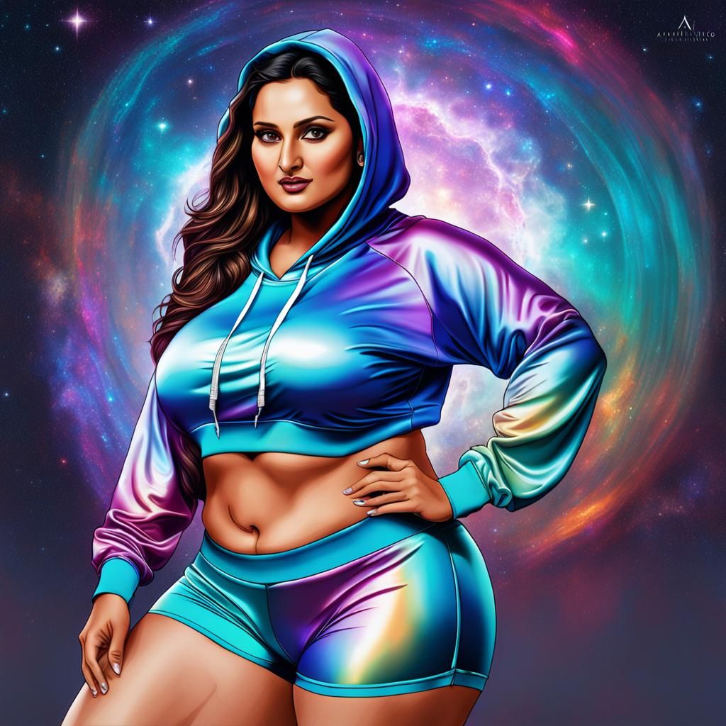 Plus Size Woman in Satin Hoodie: Holographic Cosmic Art