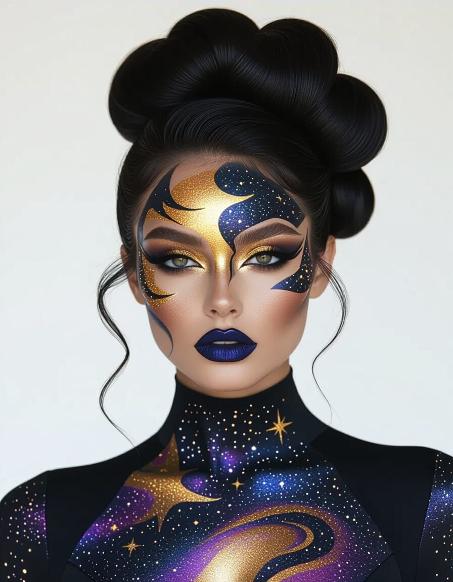 Woman with Cosmos Body Paint in Hyperrealistic Style