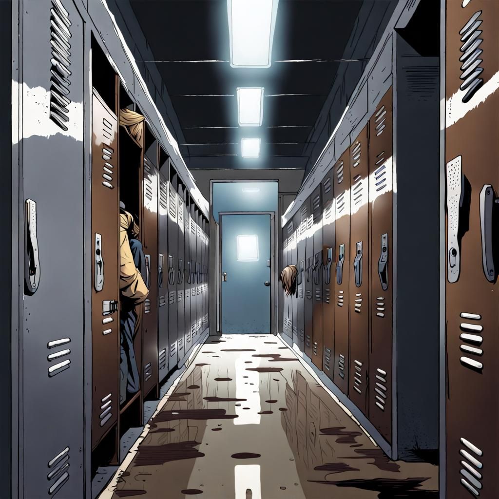 Eerie School Corridor with Dripping Locker in Comic Style