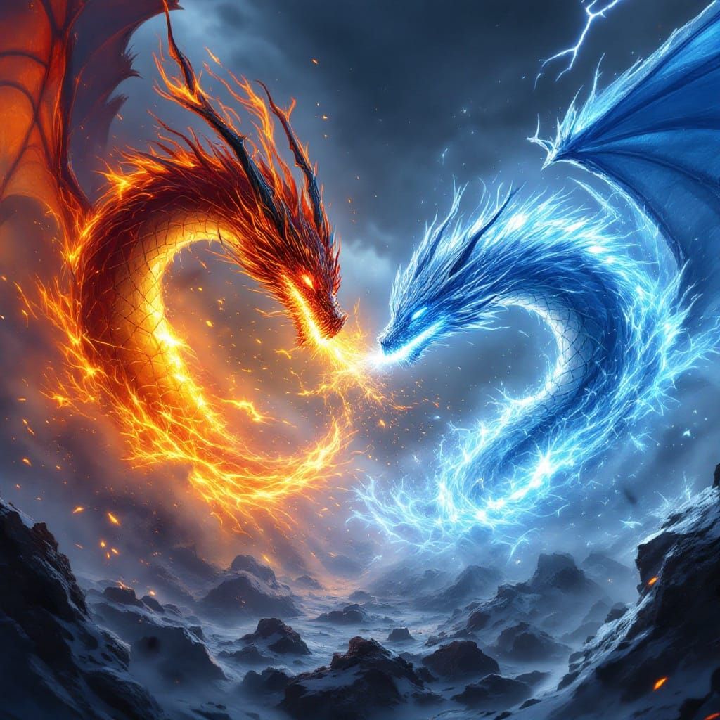 Fire Dragon vs Ice Dragon Epic Battle in Digital Fantasy Art
