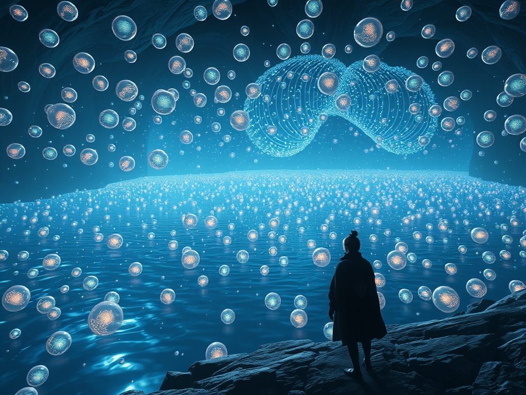 Luminous Memory Orbs in Underground Lake: Anime Style