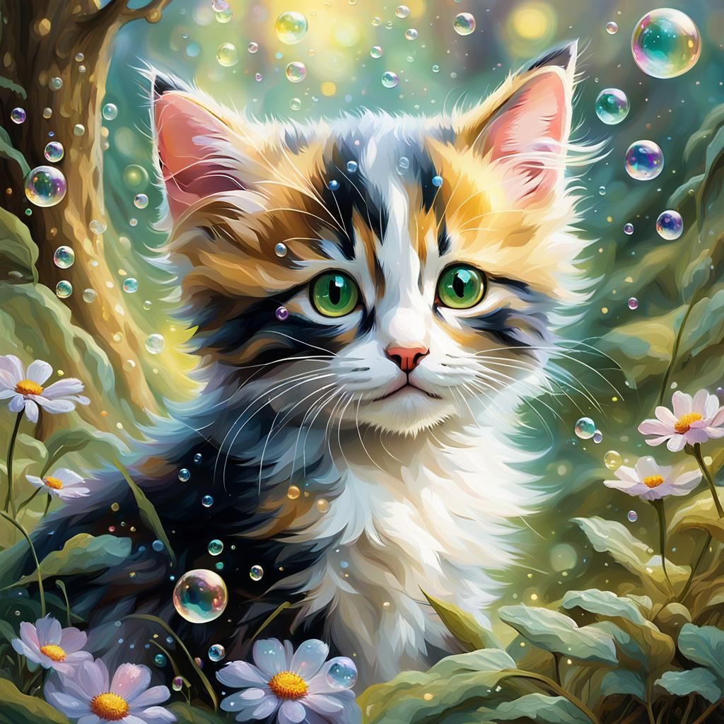 Calico Kitten's Ethereal Bubble Party in Mystical Forest