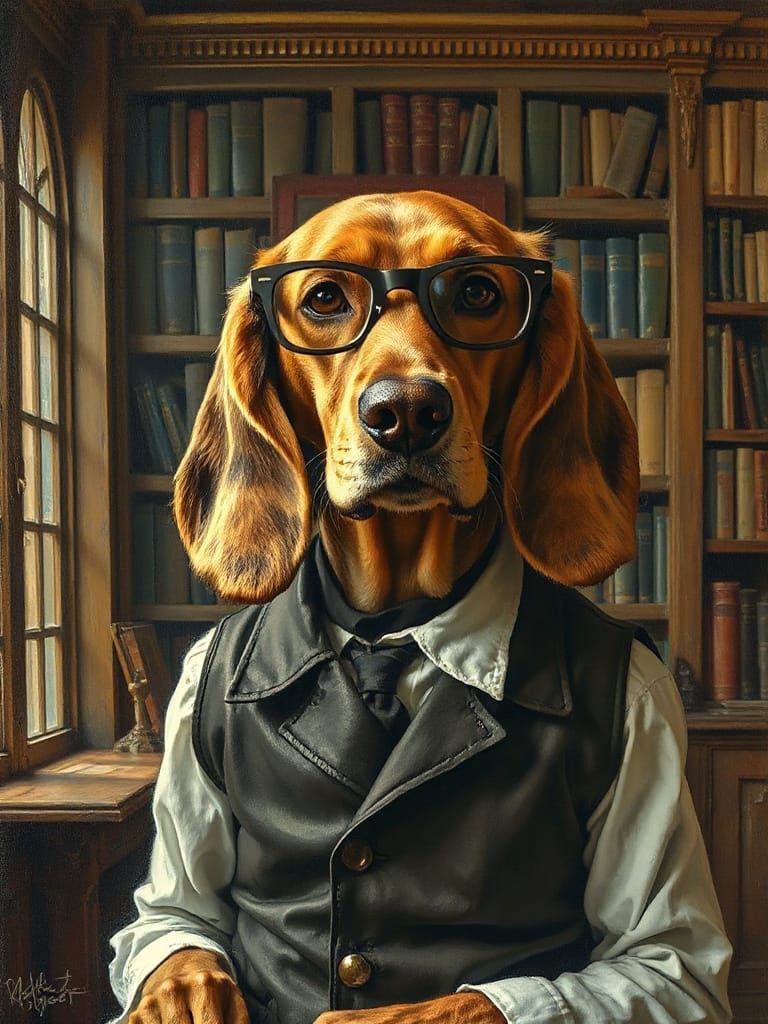 Basset Hound Librarian in Antique Library, Impasto Oil Paint...