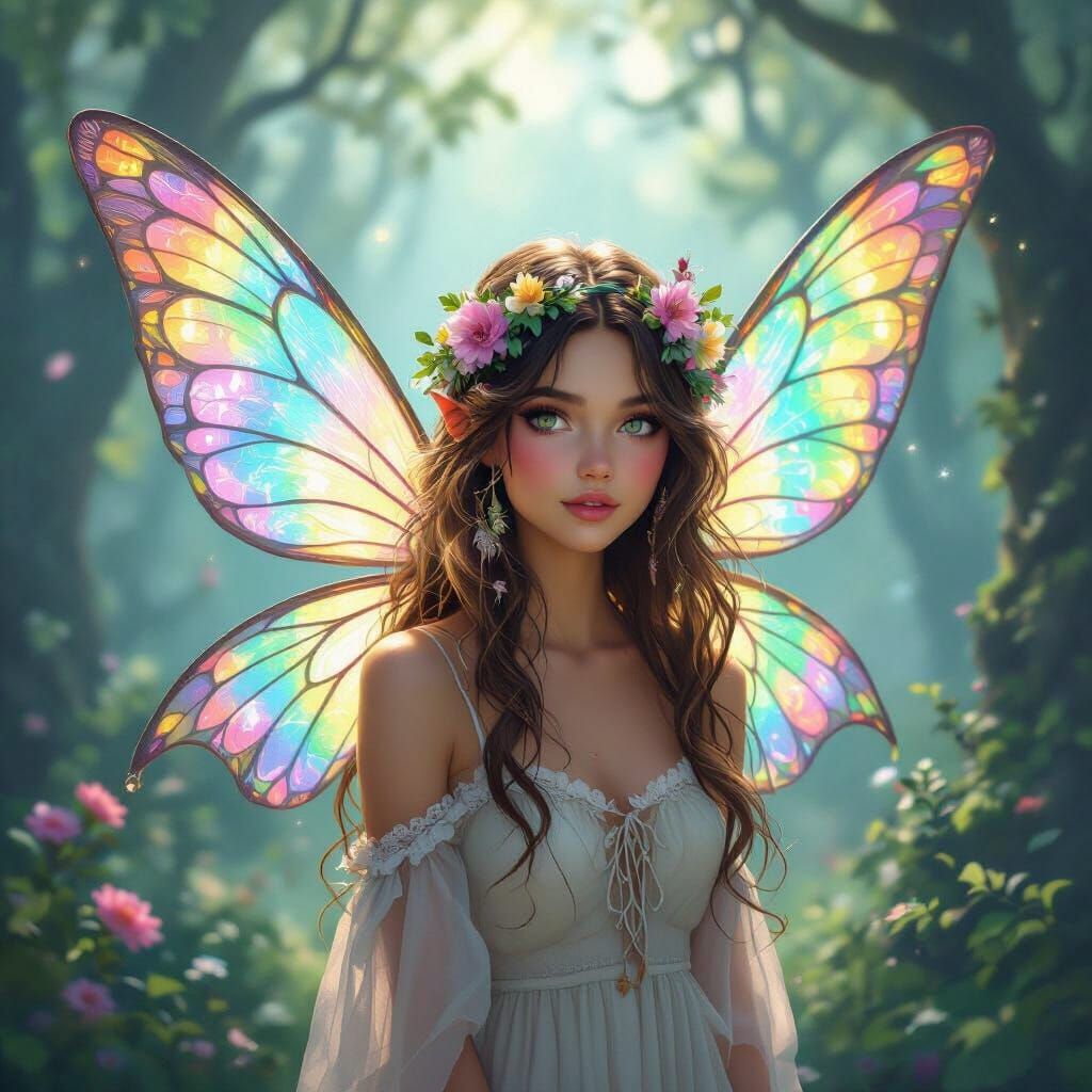 Whimsical Hippy Fairy with Glowing Holographic Wings