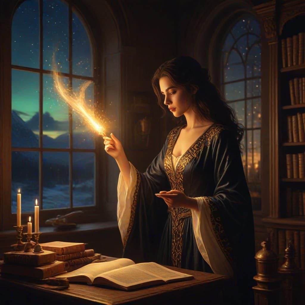 Elegant Witch Casting Golden Light with Ancient Books