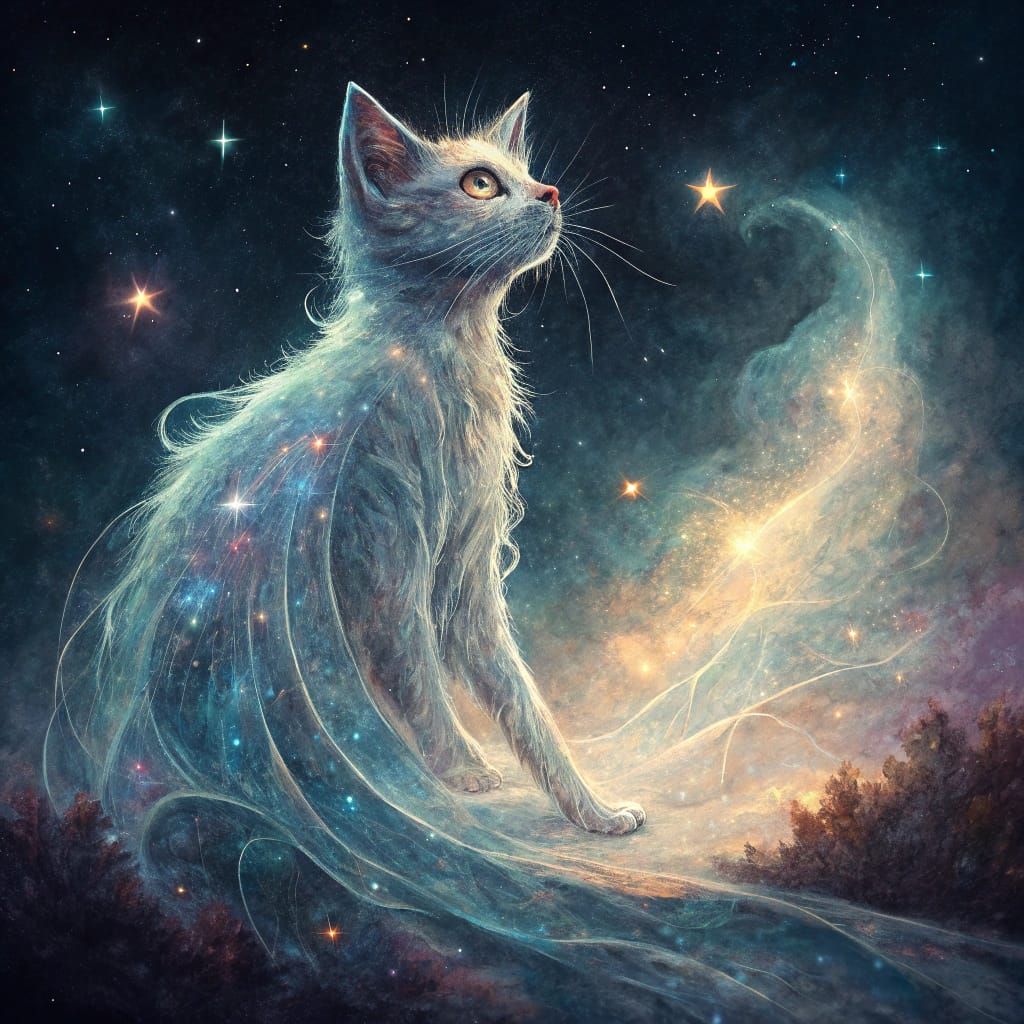 Ethereal Starry Cat Spirit in Surrealist Digital Painting