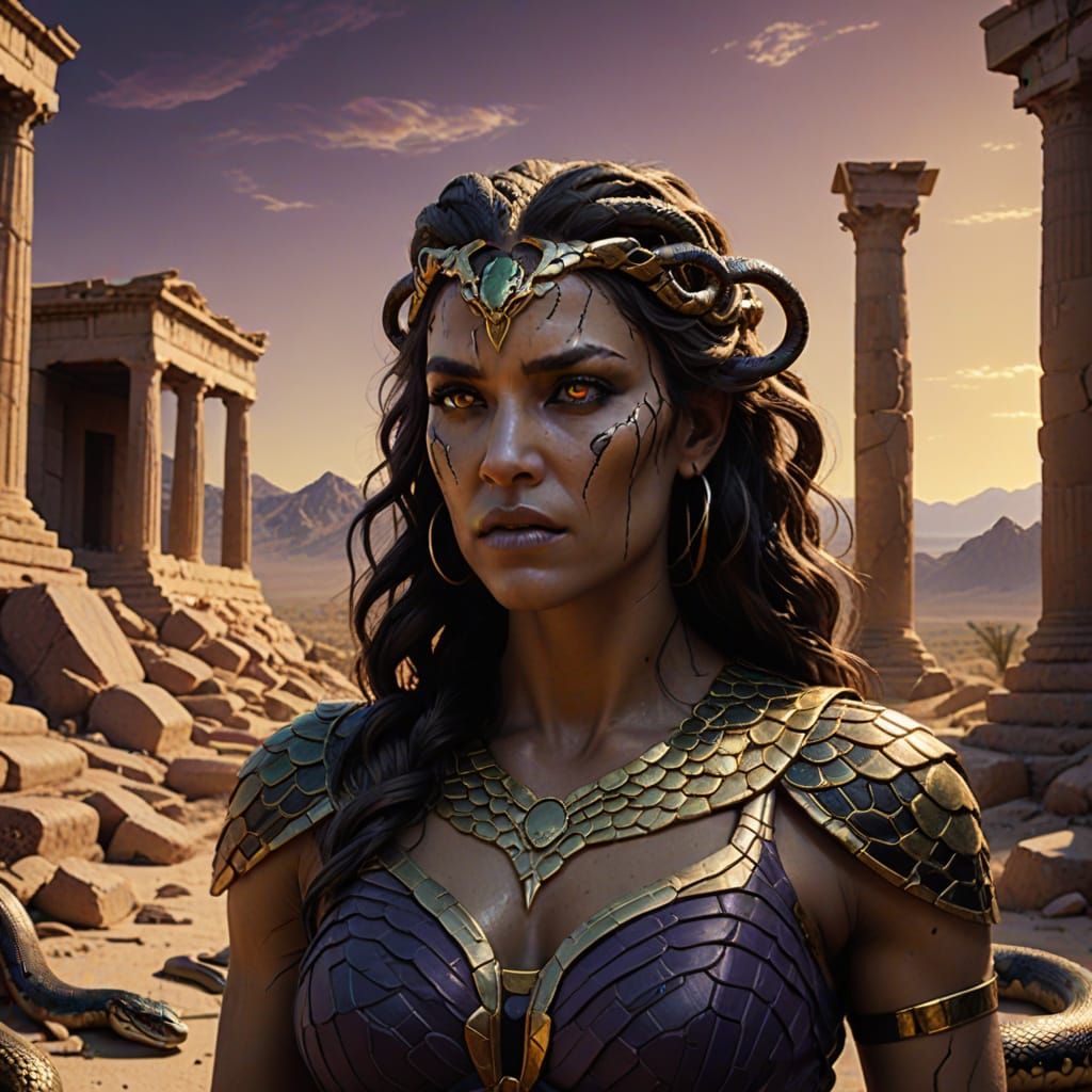 Gorgon Medusa in Ancient Greek Desert Landscape, Cyberpunk D...