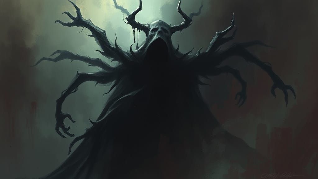 Dark Fantasy Figure in Ominous Landscape