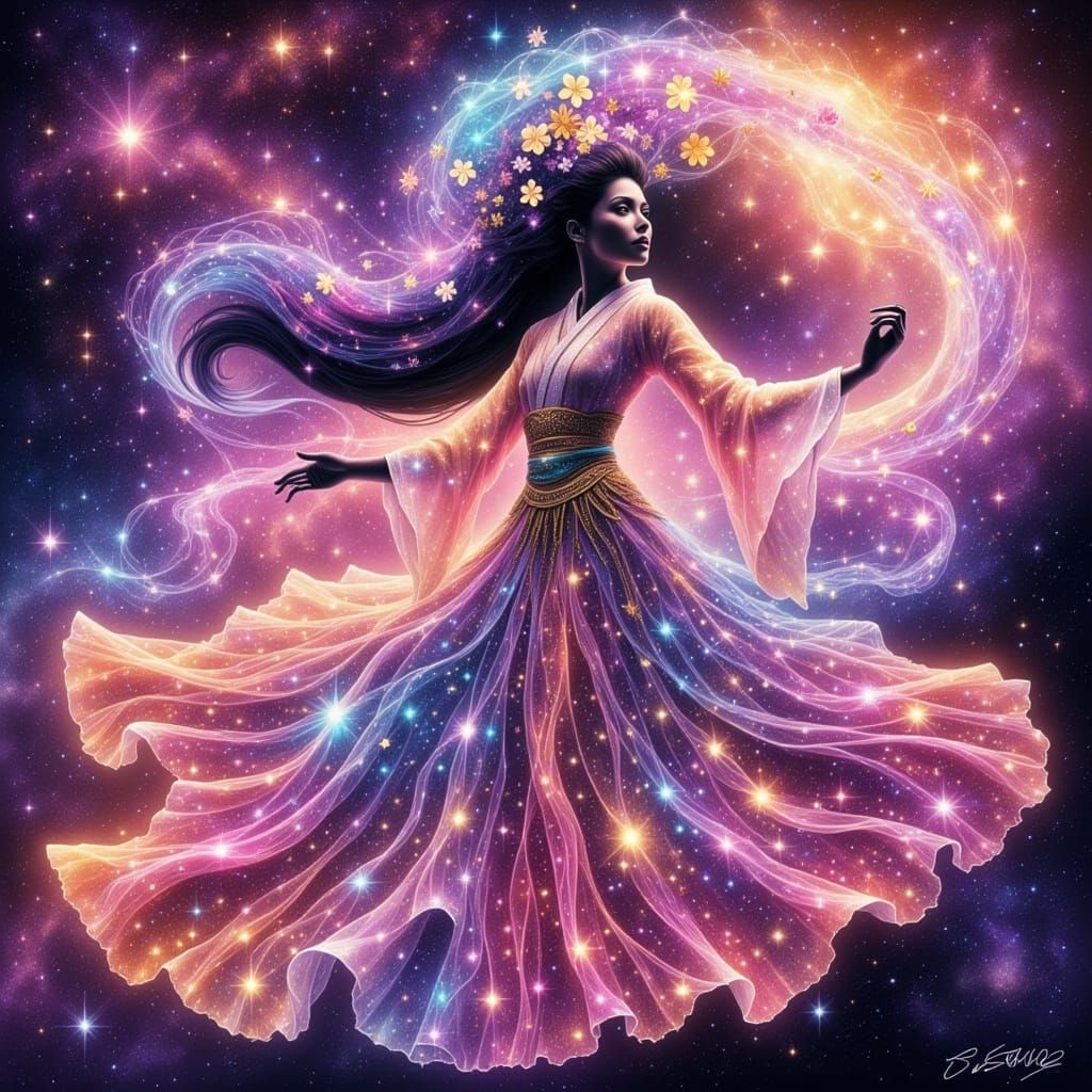 Cosmic Geisha Dancing Across a Nebula
