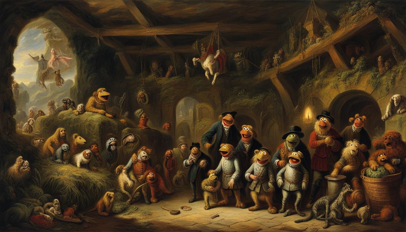 Muppets and Snufflufagus in Medieval Lair: Oil Painting