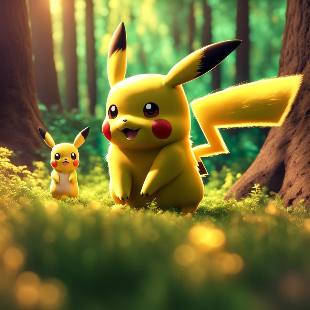 Pikachu and Eevee in Forest: 3D Digital Art