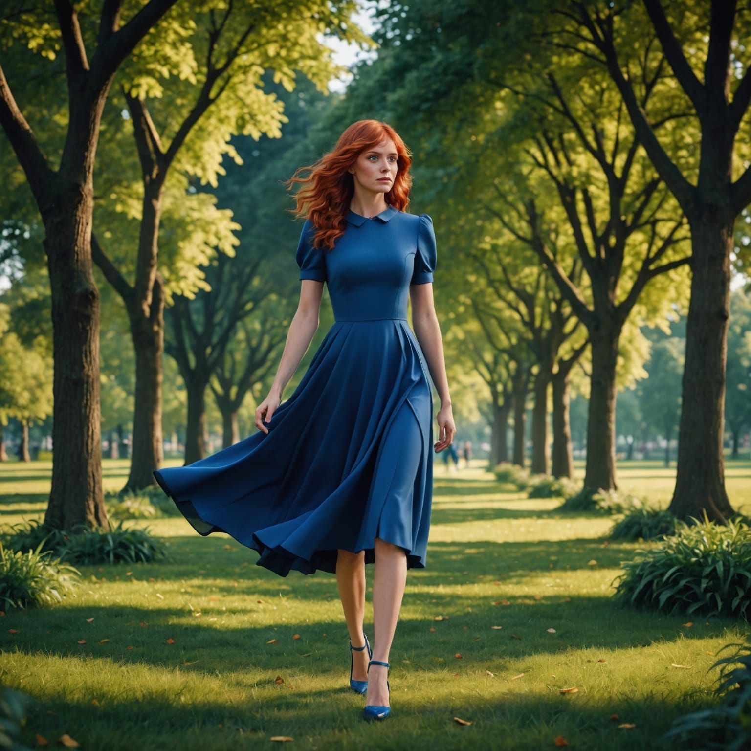 Woman with Red Hair Walking in Park