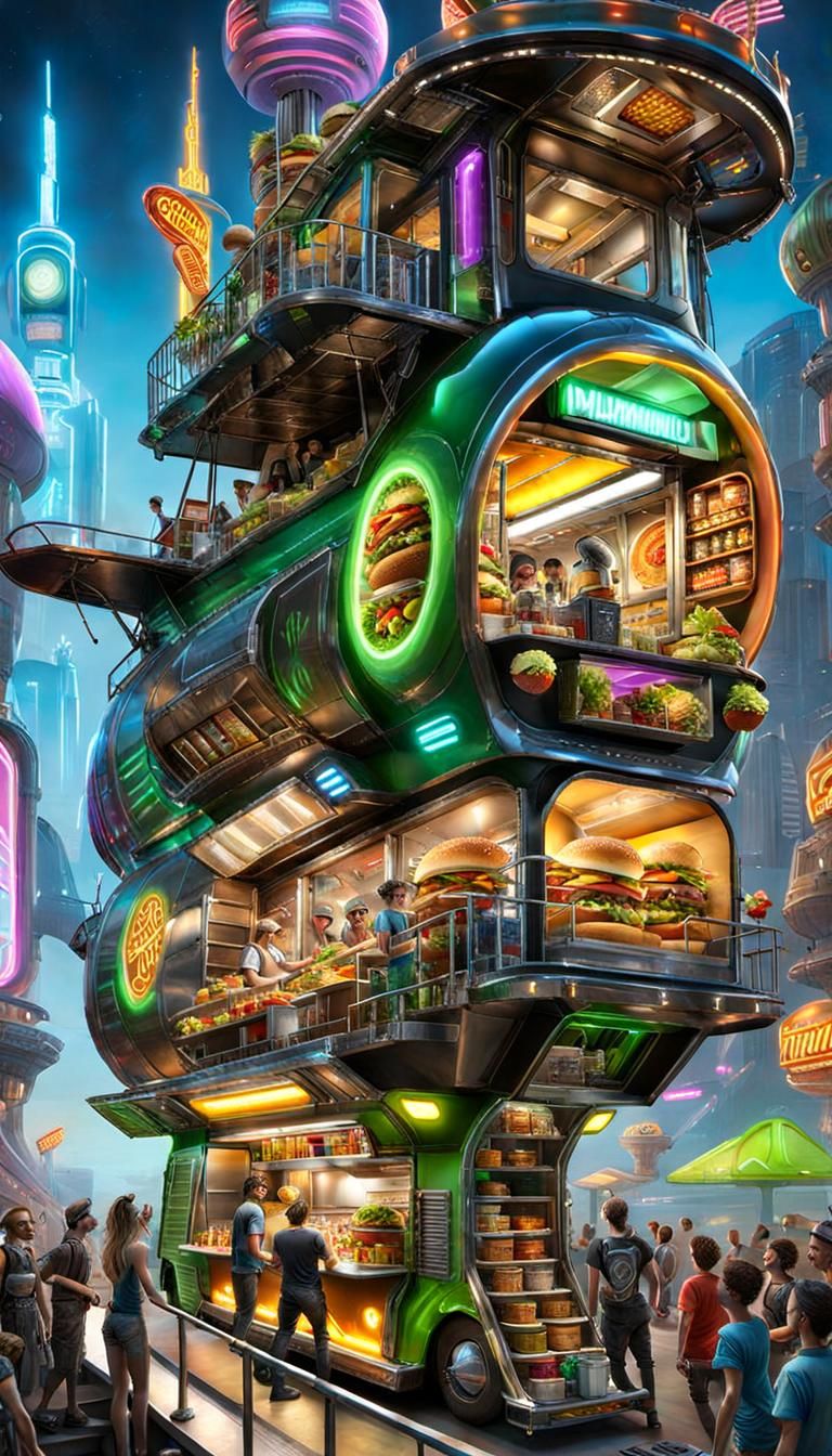 Futuristic Steampunk Food Truck in Crowded City