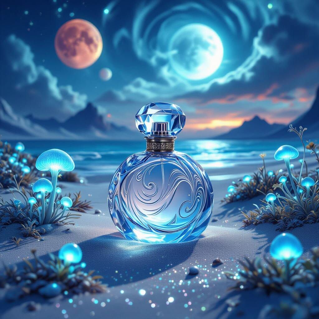 Perfume Bottle on Alien Beach with Bioluminescent Flora