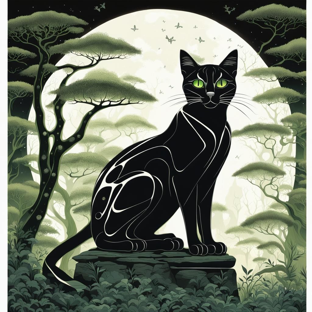 Sleek Cat on Ancient Wall in Futuristic Style