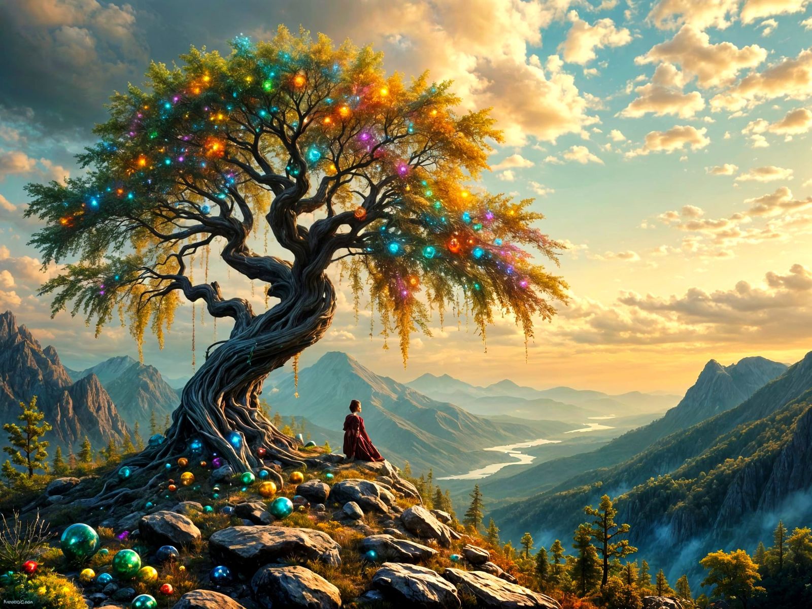 Surreal Gemstone Tree in Fantasy Landscape