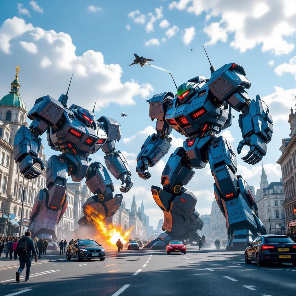 Monster Robots Clash in London: Detailed Matte Painting