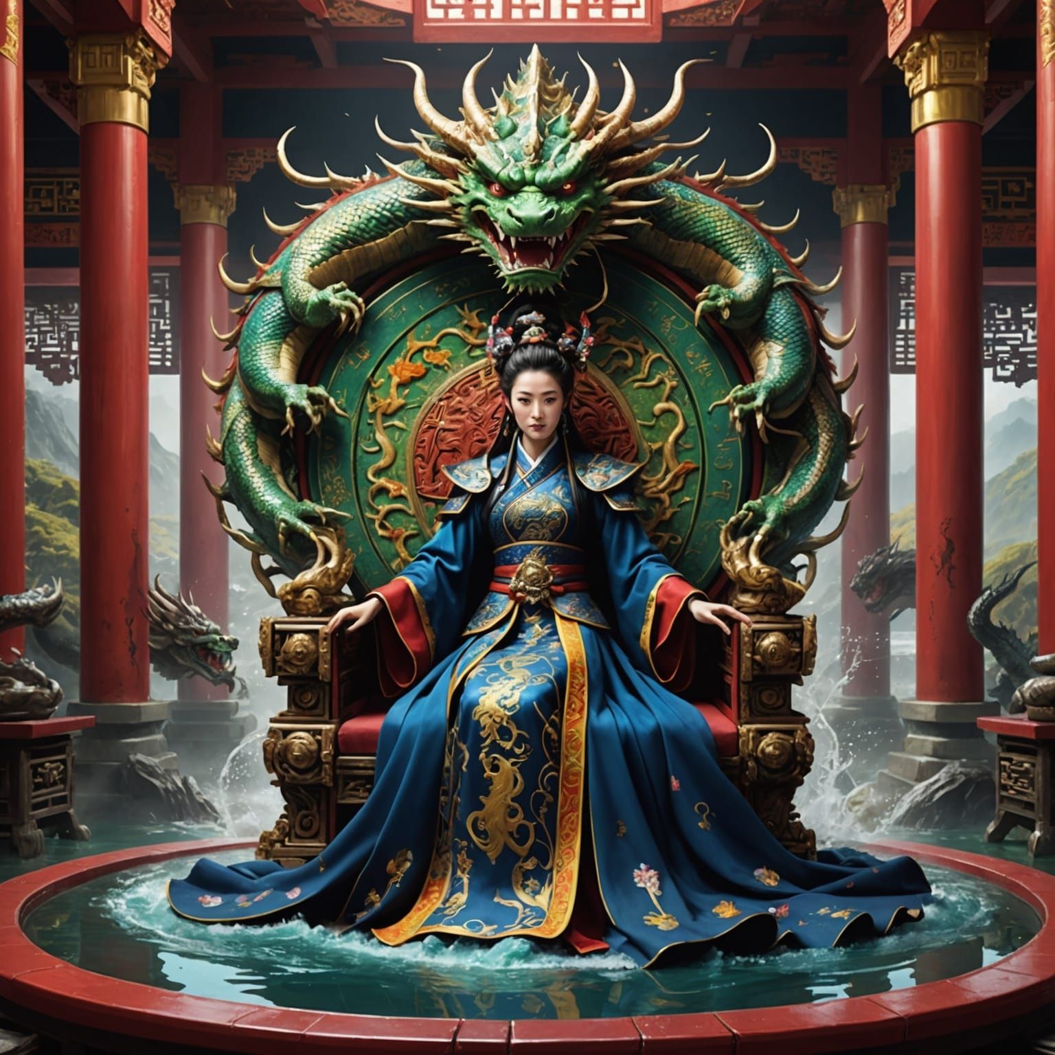 Majestic Empress with Orochi Dragon: Fantasy Art