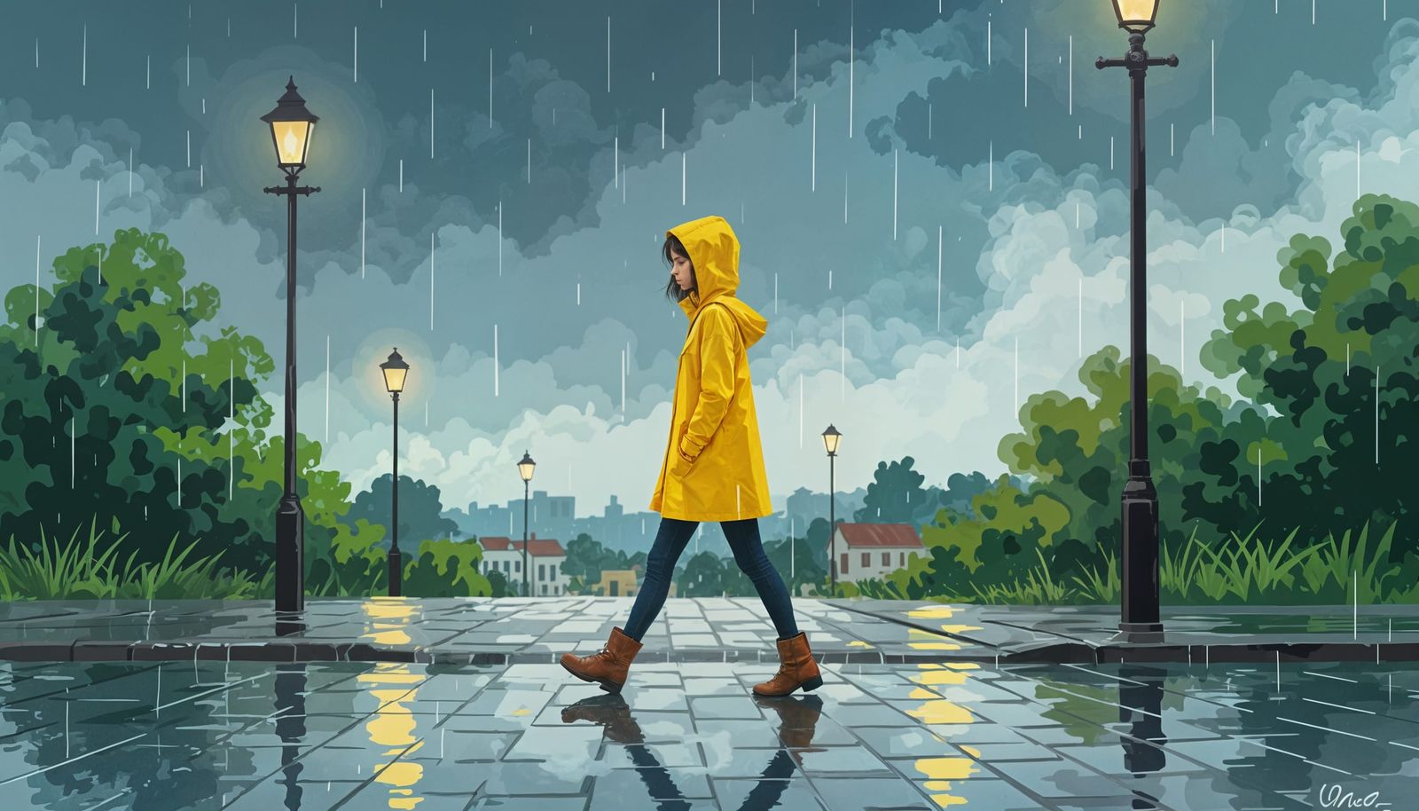 Woman in Yellow Raincoat on Wet Street