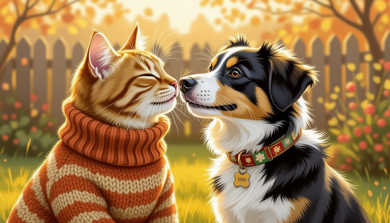 Cat Kisses Dog in Sunny Backyard, Potter Style