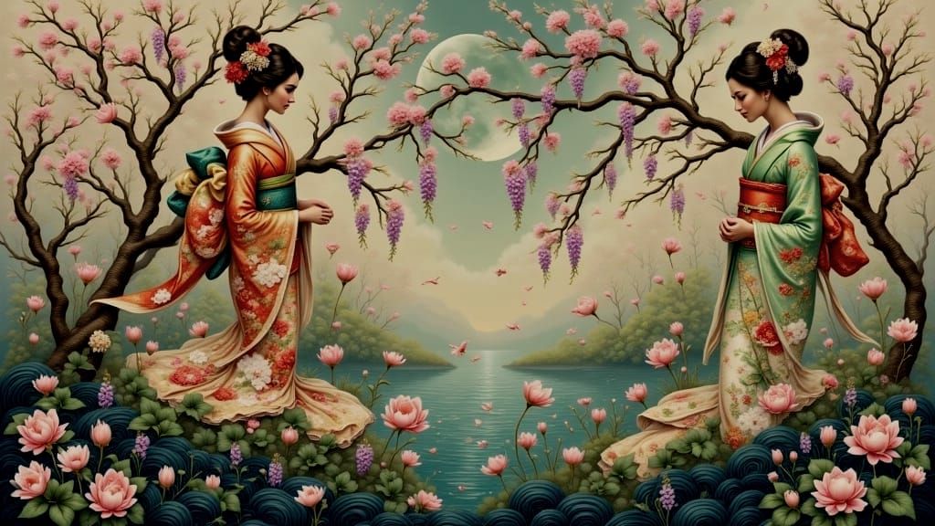 Serene Maidens by Moonlit Lake