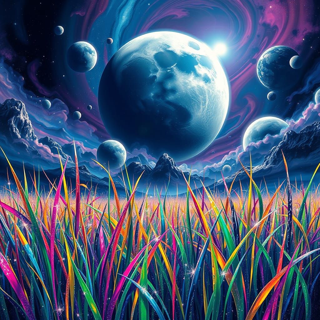 Stellar Cosmic Landscape with Multicoloured Grass and Gargan...