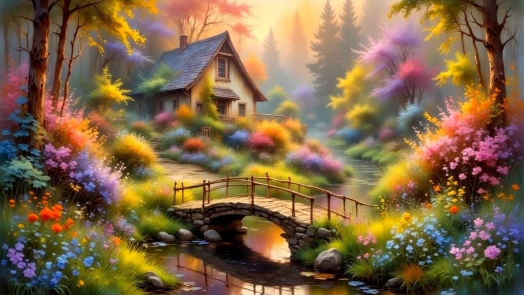 Whimsical Springtime Landscape in Warm Oil Colors